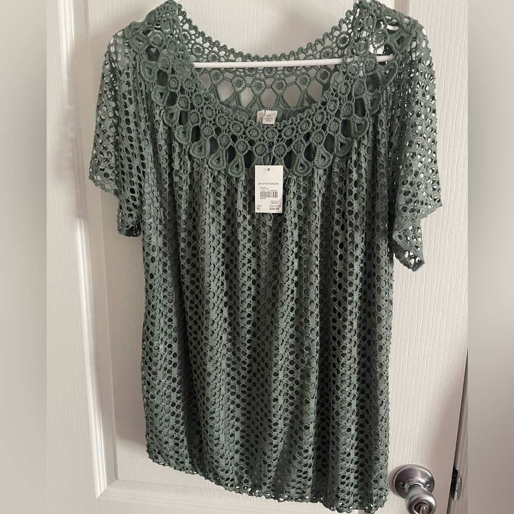 Cato Green and White Crochet Blouse